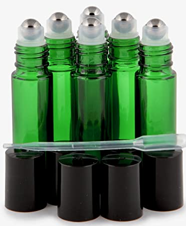 Vivaplex, 6, Green, 10 ml Glass Roll-on Bottles with Stainless Steel Roller Balls - .5 ml Dropper included …