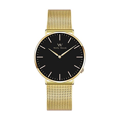 Welly Merck Men's & Women's Luxury Watch Swiss Quartz Movement Sapphire Crystal Analog Wrist Watch with Gold 18 & 20mm Width Mesh Interchangeable Strap, 5 ATM Water Resistant