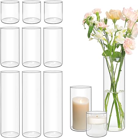 ComSaf Glass Cylinder Vases Pack of 12, Clear Bud Vases for Centerpieces Weeding Decoration, 4 inch 7.5 Inch 12 Inch Tall Clear Flower Vases, Hurricane Candle Holder for Party Home Decor