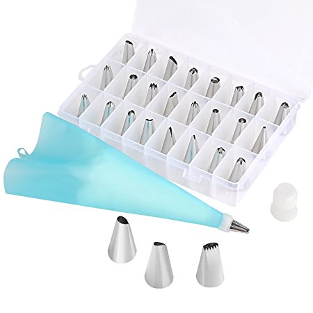 27-Piece Cake Decorating Tips Kits Supplies Professional Stainless Steel Icing Tip Set Tools with Free Silicone Icing Bag - 2 Plastic Couplers - 1 Storage Case for Cakes Cupcakes Cookies Pastry