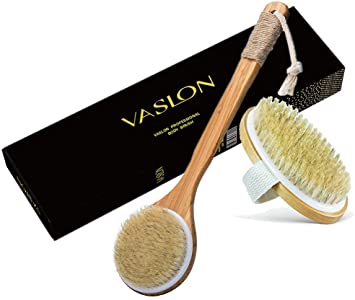 VASLON Bath Brushing Body Brush, Boar Bristles Exfoliating Body Massager with Long Wooden Handle& No Handle 2Pcs