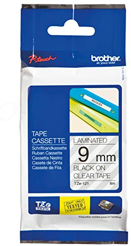 Brother Genuine P-touch TZE-121 Tape, 3/8" (0.35") Wide Standard Laminated Tape, Black on Clear, Laminated for Indoor or Outdoor Use, Water-Resistant, 0.35" x 26.2' (9mm x 8M), Single-Pack, TZE121