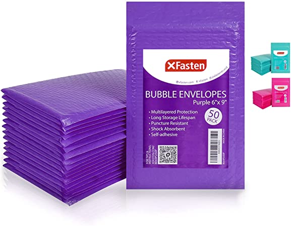XFasten Bubble Mailers Padded Envelopes 6" x 9", Purple (50-Pack) Self-Sealing and Tamper-Proof Bubble Lined Padded Mailing Envelopes for Packing and Shipping