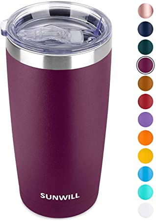 SUNWILL 20oz Tumbler with Lid, Stainless Steel Vacuum Insulated Double Wall Travel Tumbler, Durable Insulated Coffee Mug, Powder Coated Plum, Thermal Cup with Splash Proof Sliding Lid