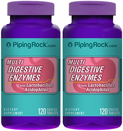 Piping Rock Digest IT Multi Digestive Enzymes with Lactobacillus Acidophilus 2 Bottles x 120 Coated Tablets Dietary Supplement