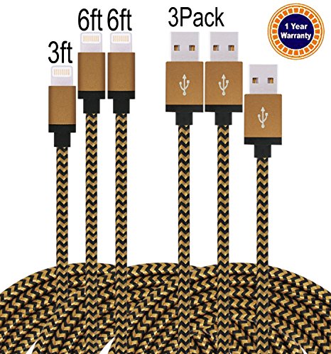 Jricoo 3pcs 3FT 6FT 6FT Lightning Cable Popular Nylon Braided Charging Cable Extra Long USB Cord for iphone 6s, SE, 6s plus, 6plus, 6,5s 5c 5,iPad Mini, Air,iPad5,iPod on iOS9.(Coffee black)