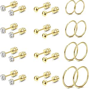 Threadless Flat Back Earrings Surgical Stainless Steel Hypoallergenic Earrings for Women Men-14K Gold Plated Cartilage Earrings for Sensitive Ears 20G CZ Push-in Flatback Stud Hoop Earrings Tragus Helix Piercing Jewelry 2/3/4/5mm