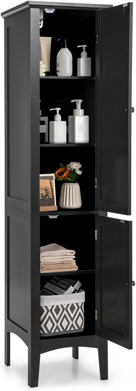 COSTWAY Tall Bathroom Storage Cabinet, 5-Tier Freestanding Linen Tower Cabinet with 2 Doors, Wooden Side Storage Organizer, Narrow Slim Floor Cabinet for Bathroom, Living Room, Kitchen (Black)