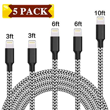 iPhone Charger, MFi Certified Lightning Cable, 5 Pack(3/3/6/6/10 FT) Extra Long Nylon Braided Charging&Syncing Cord Compatible with iPhone Xs/XR/XS Max/X/7/7Plus/8/8Plus/6S/6S Plus/5/More Black&White