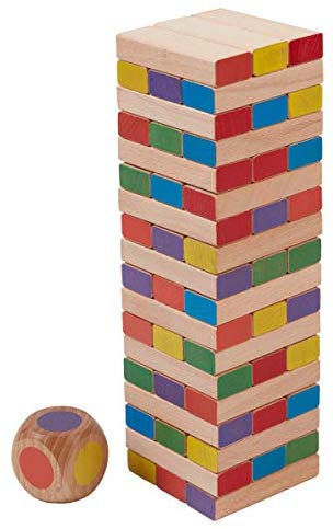 ECR4Kids Risky Rainbow Tumble Tower for Kids, Wood Stacking Block Game with Colorful Dice and Storage Bag, Junior 10" Tall (54-Piece Set)