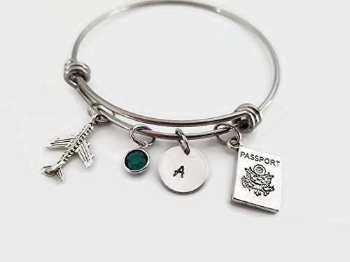 Airplane and passport bangle personalized adjustable bracelet with initial and birthstone