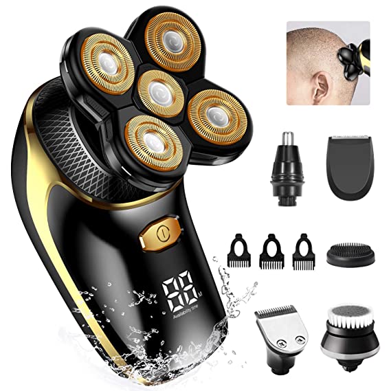 Electric Head Shavers for Men, OriHea 6-in-1 Electric Shaver & Grooming Kit, Cordless and Rechargeable Wet/Dry 5 Head 5D Rotary Shaver with Clippers Nose Hair Trimmer (Gold)