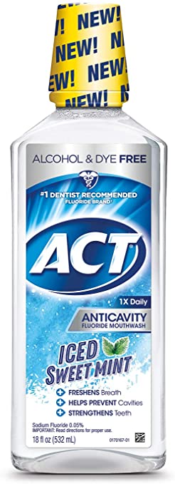 ACT Anticavity Alcohol Free Fluoride Mouthwash Iced Sweet Mint, 18 Ounce