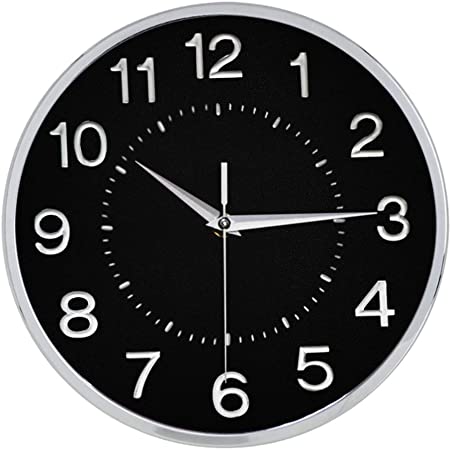 Keygift 10 Inches Silent Wall Clock, Silver Black Non-Ticking Quartz Clock, 3D Numbers Easy to Read, Battery Operated Wall Clock, Modern Wall Clock Decor for Living Room, Bedroom, Office