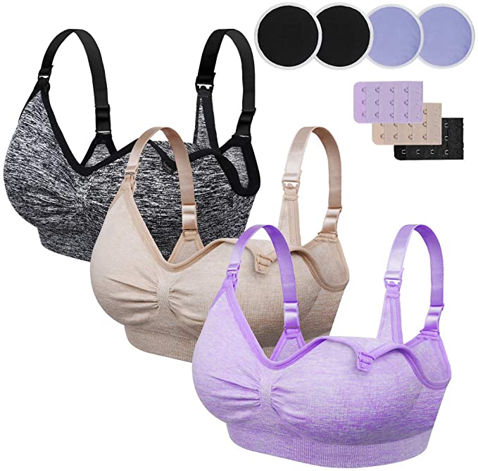 Rovtop 3 Packs Seamless Maternity Nursing Bra,Breast-Feeding Bralette,Sleep Bralette with Extra-Wide Underband, Nursing Pad,Gift Box(Dark Gray,Beige and Purple)