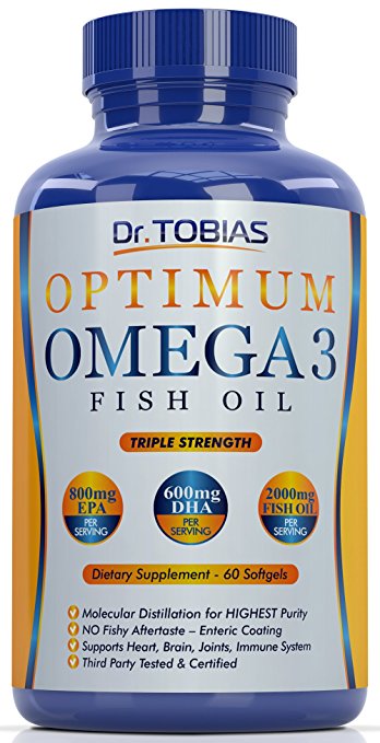 Omega 3 Fish Oil Pills (60 Count) - Triple Strength Fish Oil Supplement (1,400mg Omega 3 Fatty Acids: 600mg DHA   800 mg EPA per Serving), Burpless Capsules with Enteric Coating, Molecularly Distilled