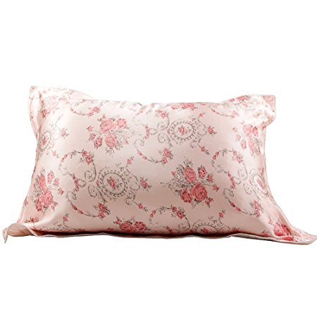 IBraFashion Silk Pillowcase for Hair and Skin Beauty Pink Roses Print Girl Silk Pillowcase Standard/Queen