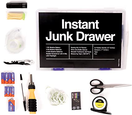 Upper Midland Products Instant Junk Drawer - Funny Housewarming Gifts - 92 Piece Kit - Filled With Home Essentials Must Haves For New Apartments, College Dorm Rooms, and Houses