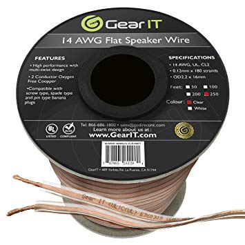 GearIT Elite Series 14AWG Flat Speaker Wire (250 Feet / 76 Meters) - Oxygen Free Copper (OFC) CL2 Rated in-Wall Installation for Home Theater, Car Audio, and Outdoor Use, Clear