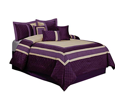 HIG 7 Piece Comforter Set Queen-Purple Series Patchwork Diamond Pintuck-MYA Bed in A Bag Queen Size-Soft, Hypoallergenic,Fade Resistant-1 Comforter,2 Shams,3 Decorative Pillows,1 Bedskirt