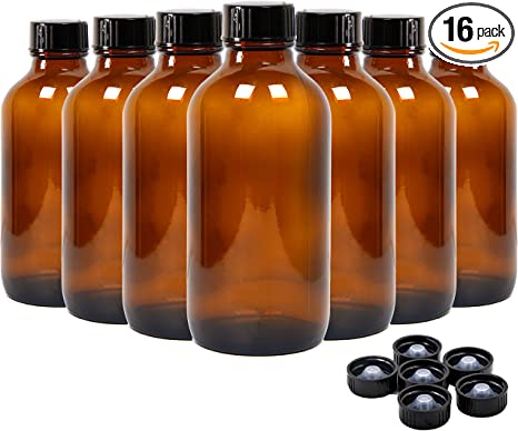 Youngever 16 Pack Amber Glass Bottles with Lids, Refillable Container for Essential Oils, Vanilla Extract and more (4 Ounce)