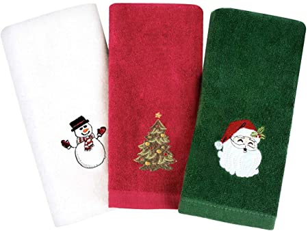 Afaris Christmas Hand Towels, Pure Cotton Towels Xmas Claus Snowman Trees Bathroom Kitchen Wash Basin, Drying Home and Kitchen 12 x 18 inch (Set of 3: Red, White, Green) (Color 3)
