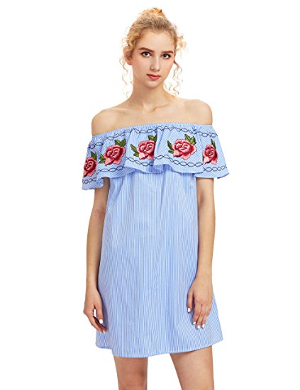 Romwe Women's Summer Off Shoulder Ruffles Cute Loose Dress