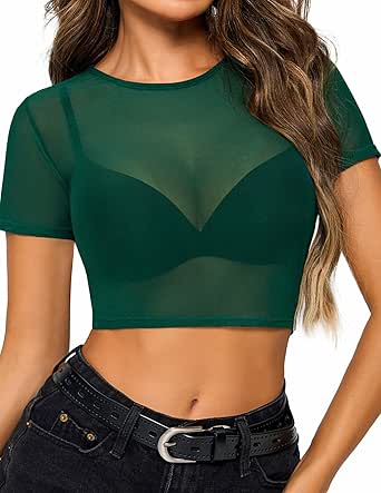 Avidlove Mesh Crop Top for Women Short Sleeve Bodycon Tees See Through Blouse O Neck Clubwear