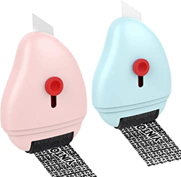 MoKo Security Stamp Identity Protection Roller with Built-in Plastic Art Knife, Refillable Self Inking Private & Confidential Stamp Roller for Personal Information Blackout, Pack of 2, Pink & Blue