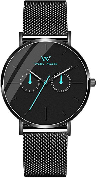 Welly Merck Men Watch Waterproof with Luminous Hands 40mm Minimalist Watch Case with Two Small Subdials Interchangeable Strap,Custom Watches