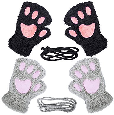 Loritta 2 Pairs Womens Fingerless Kitten Cat Paw Claw Gloves Plush Mitten Glove