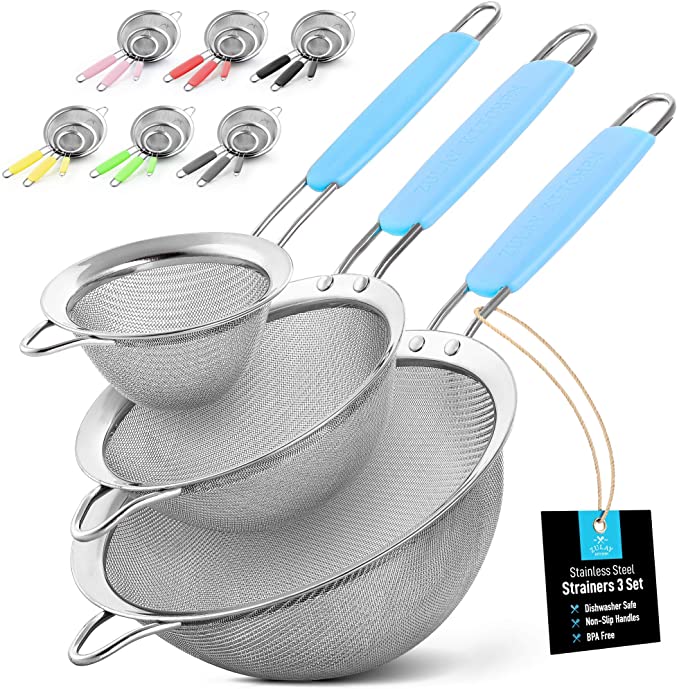Zulay (Set of 3) Stainless Steel Mesh Strainer - Strainers Fine Mesh & Wire Sieve with Non-Slip Handles - Assorted Kitchen Strainer For Sifting, Straining, & Draining (3.3”, 5.5”, 7.5” Sizes) - Blue