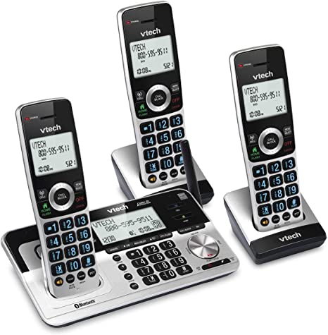 VTech VS113-3 Extended Range 3 Handset Cordless Phone for Home with Call Blocking, Connect to Cell Bluetooth, 2" Backlit Screen, Big Buttons, and Answering System, Silver & Black