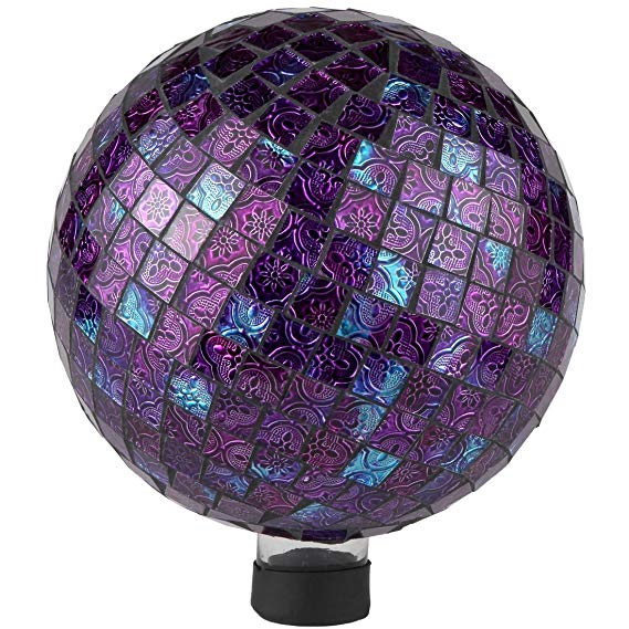 Lily's Home Glass Gazing Ball | Holographic Effect, Stunning Rainbow Color Reflection Effect, Mosaic Design, Purple Mirrors, Attracts Good Fortune, Lovely Centerpiece, 10” Dia.