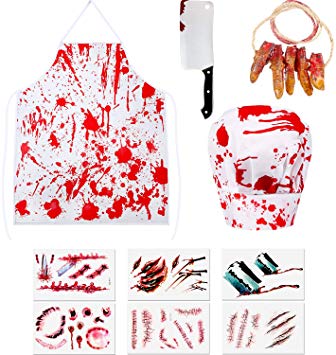 SATINIOR Halloween Bloody Butcher Costume Set Bloody Apron Chef Hat Fake Fingers Fake Butcher Knife Scar Tattoo Sticker for Halloween Party