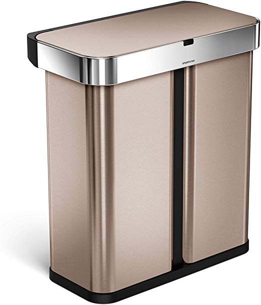 simplehuman 58 Liter / 15.3 Gallon Touch-Free Dual Compartment Rectangular Kitchen Trash Can Recycler, Voice and Motion Sensor Activated, Rose Gold Stainless Steel