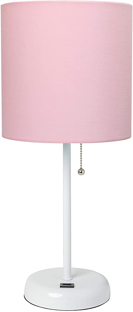Limelights LT2044-POW White Stick USB Charging Port and Pink Fabric Shade Table Lamp,