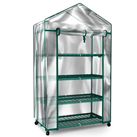Plant Greenhouse on Wheels with Clear Cover - 4 Tiers Rack Stands- Indoor Outdoor Portable Solution Kit for Home - Herb and Flower Garden Green House