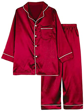 Weixinbuy Unisex Kids Boys Girls Pajamas Set Button-Down Silk Nightwear Sleepwear Loungewear Clothing Set 2 Pieces
