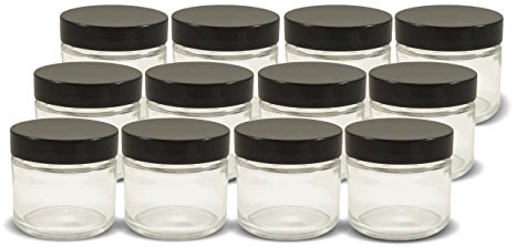 2oz Straight Sided Clear Glass Jars, Air Tight Glass Jar, with Black Plastic Smooth Lid (12 Pack)