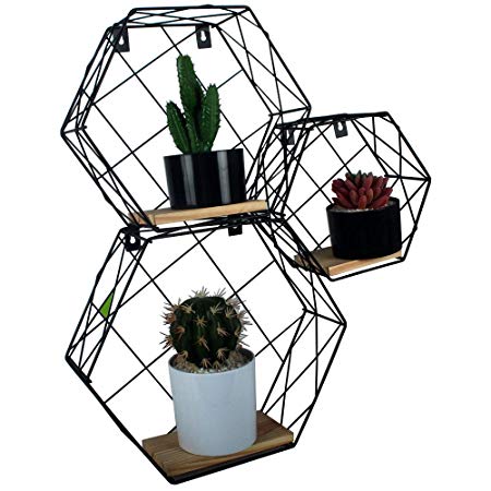 Casolly Hexagon Wall-Mounted Floating Shelves Metal Wire & Crude Wood, Set of 3, Black
