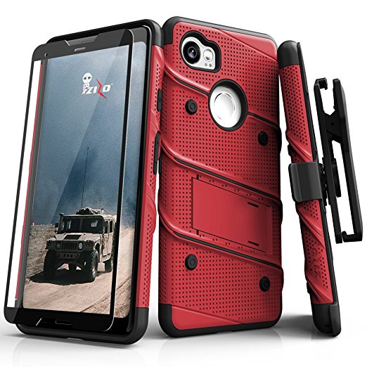 Zizo Bolt Series Google Pixel 2 XL Case - Tempered Glass Screen Protector with Holster and 12ft Military Grade Drop Tested (Red & Black)