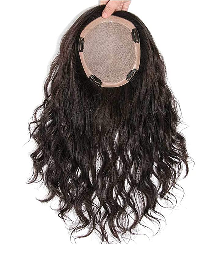 Silk Base Human Hair Crown Topper Hairpieces for Women, 5.5" x 5.5" Hand Tied Curly Hair Pieces for Female Baldness, 16" Dark Brown