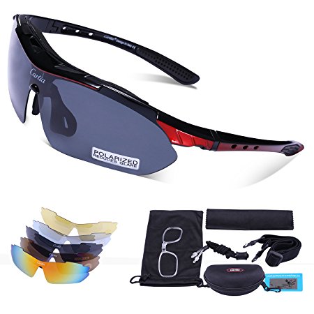 Carfia Polarized Sport Sunglasses Mens Womens TR90 Cycling Sunglasses with 5 Set Interchangeable Lenses for Skiing Running Cycling Fishing Golf, 100% UV400 Protection