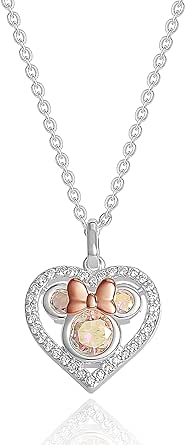 Disney Minnie Mouse Cubic Zirconia Heart Necklace - 16 2 Silver and 18k Pink Gold Plated Necklace - Official License, Brass, No Gemstone