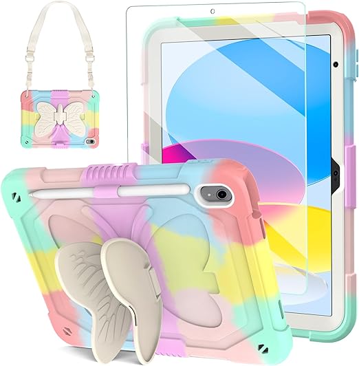 iPad 10th Generation Case 2022 10.9 Inch Butterfly Wings with Tempered Glass Screen Protector & Stand| Blosomeet Protective Kids iPad 10th Gen 10.9 Case Colorful Cover w/Pencil Holder Shoulder Strap