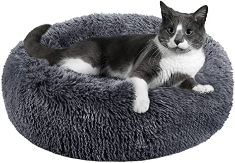 Round Cat Bed and Calming Dog Beds for Small Medium Dogs, Cat Bed for Indoor Cat, Round Donut Washable Small Medium Dog Beds, Anti-Slip Faux Fur Fluffy Donut Cuddler Anxiety Cat Dog Bed(19" 23")
