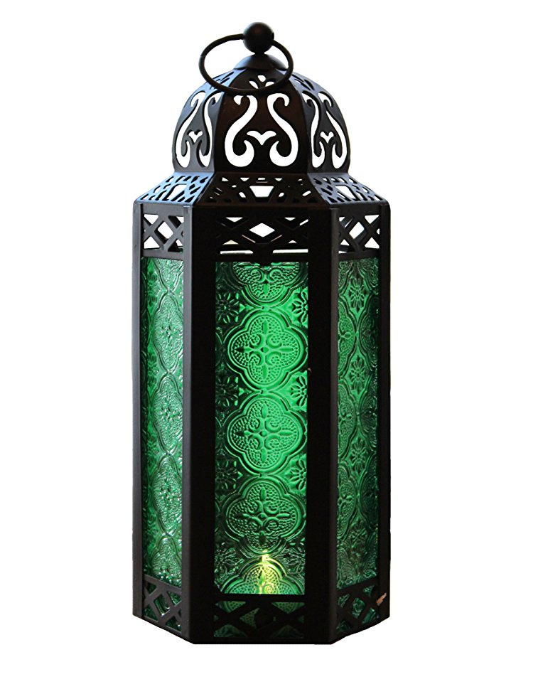 Vela Lanterns Mid-Size Table/Hanging Glass Hexagon Moroccan Candle Lantern Holders - Green