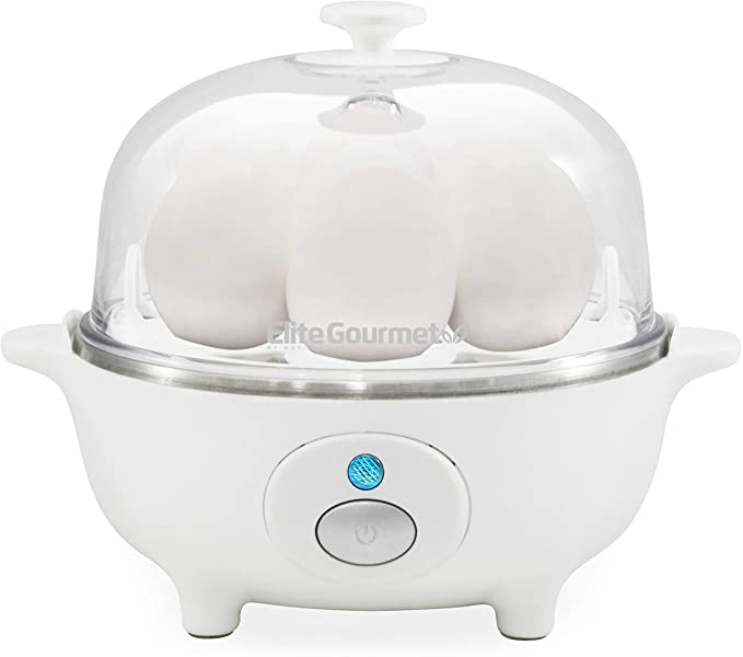 Elite Gourmet EGC-007 Easy Electric Poacher, Omelet Eggs & Soft, Medium, Hard-Boiled Egg Boiler Cooker with Auto Shut-Off and Buzzer, Measuring Cup Included, BPA Free, 7, White