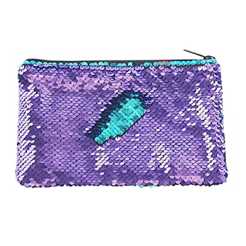 Flip Sequins Purse Cosmetic Bag for Women Girls Glitter Makeup Pouch Pencil Case Organizer (Purple)